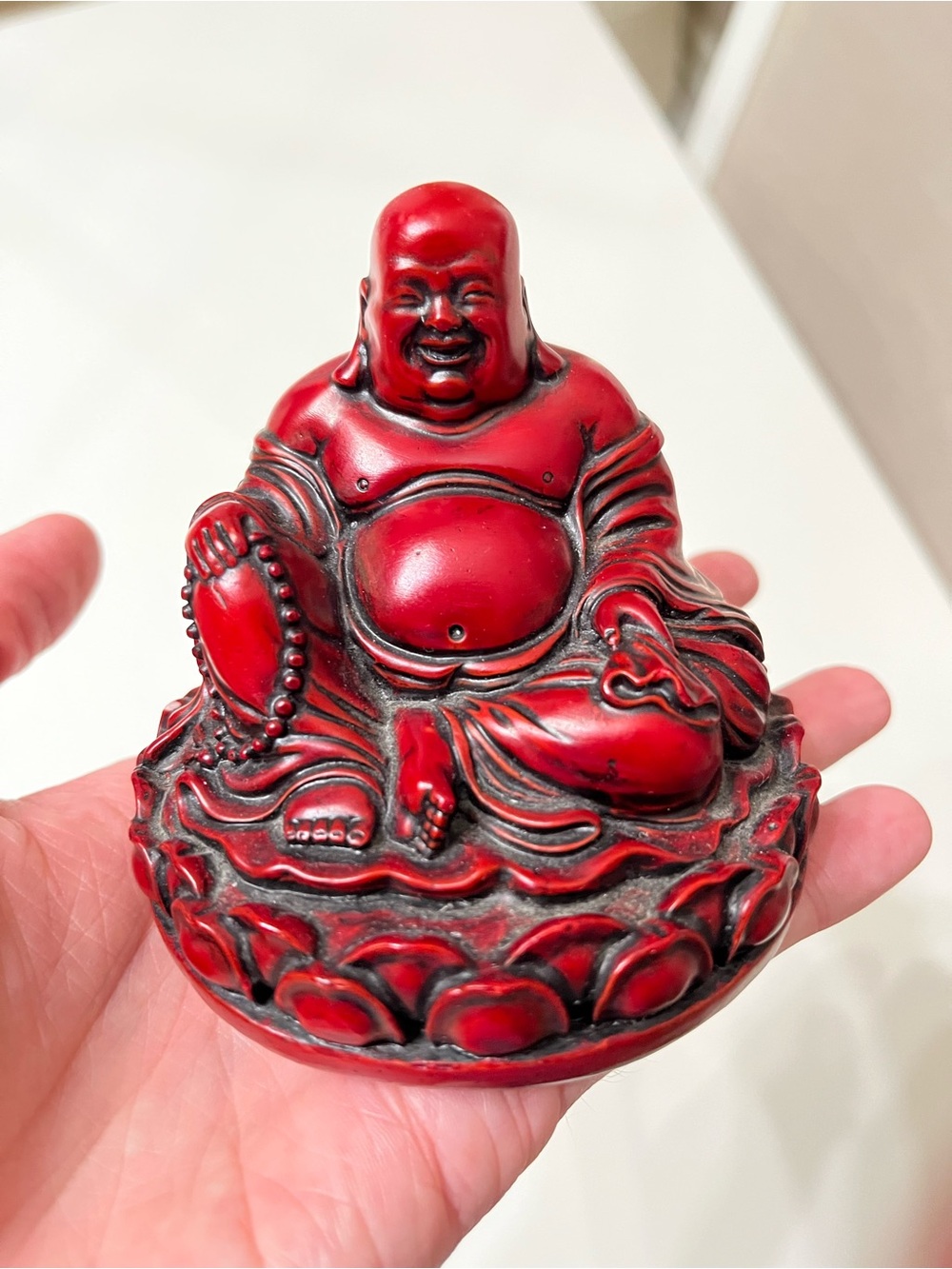 Red Laughing Buddha Budai Figurine Resin 4.75" Lotus Base Asian Feng Shui Decor
